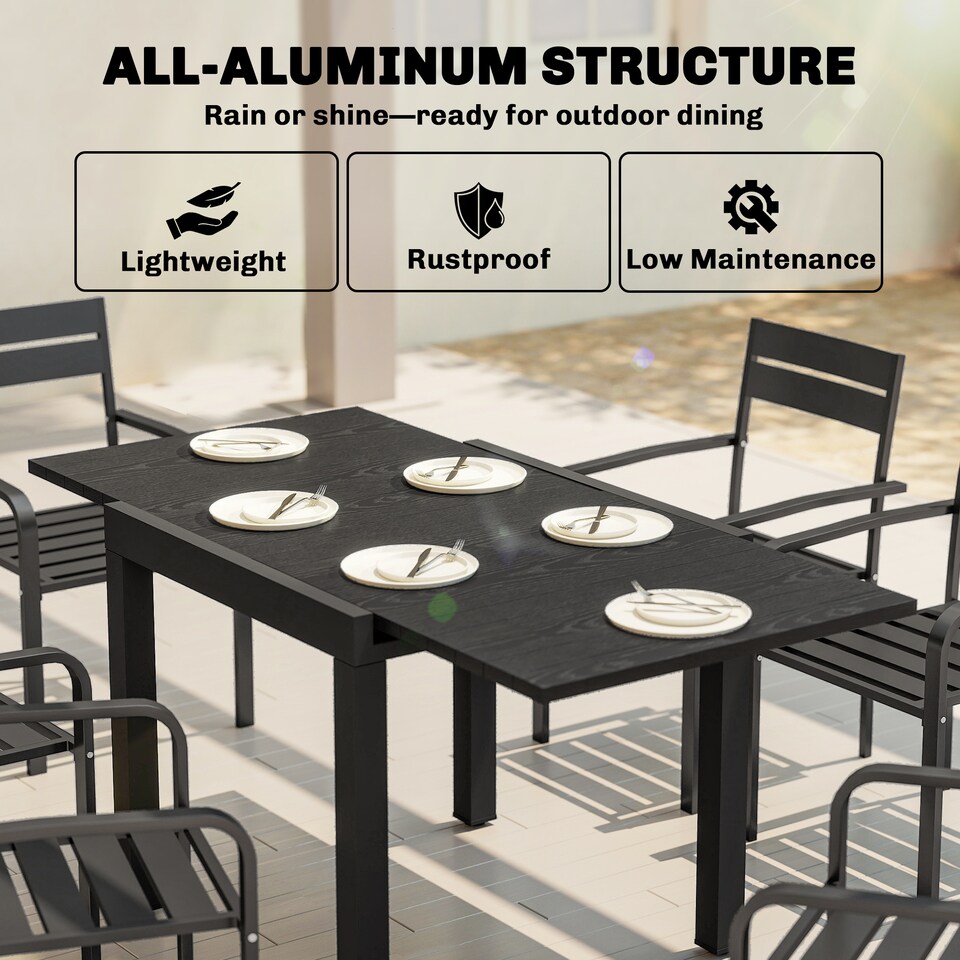 image 1 of Outsunny Aluminium Extending Garden Table with Faux Wood Slatted Top, Black | Black | Black | 160 x 80 x 75 cm