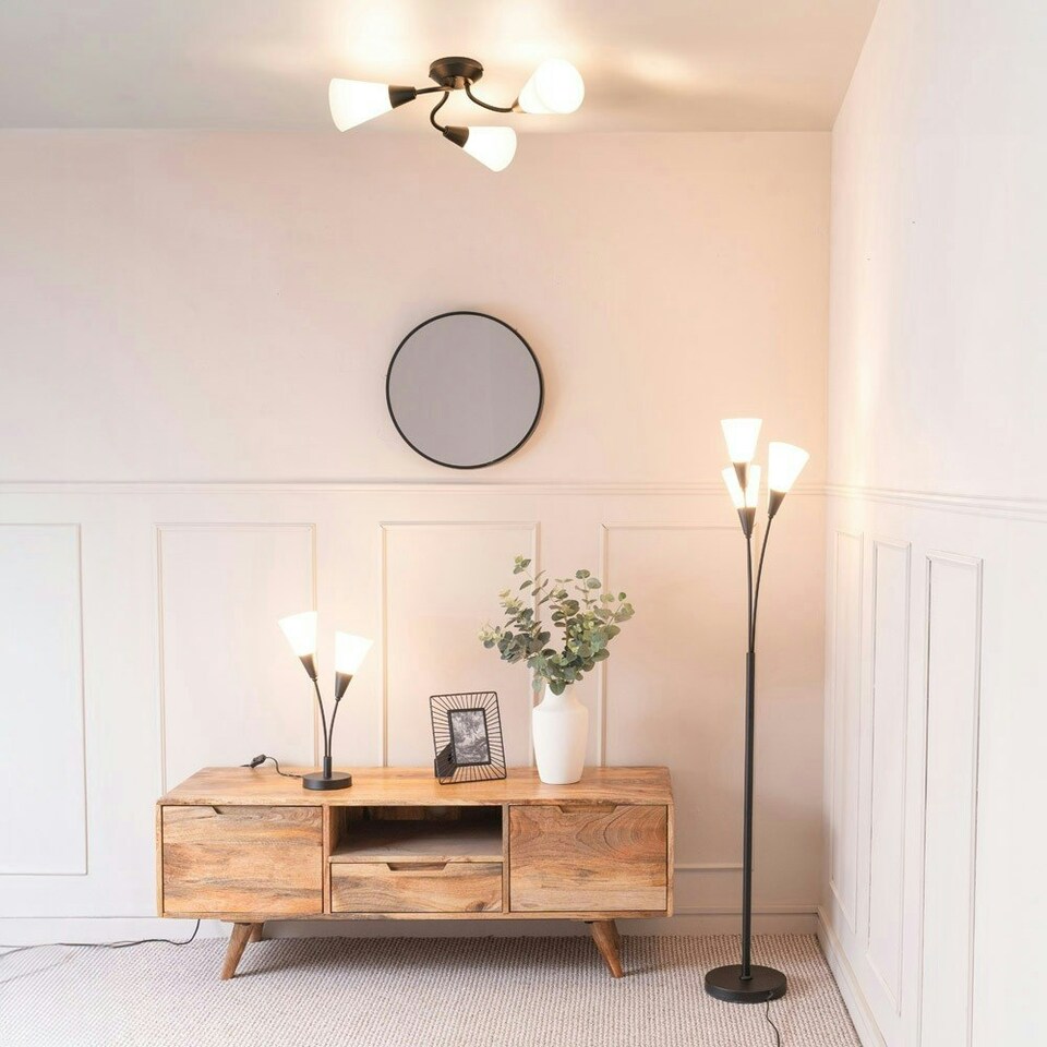 image 1 of ValueLights Kristina Frosted White Shade 3 Way Black Metal Uplighter Floor Lamp