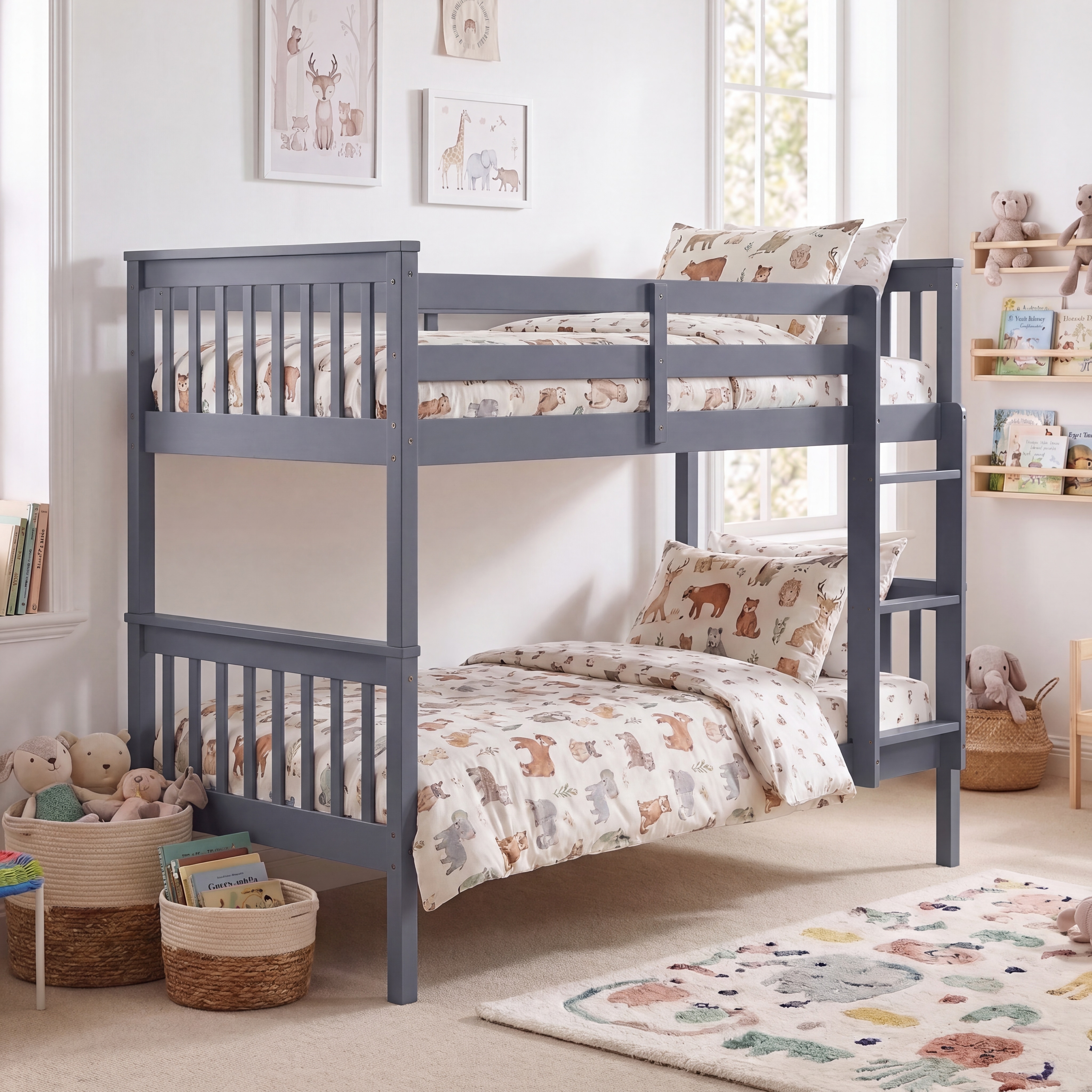 Vida Designs Milan Kids Bunk Bed Frame Bedroom, Split into 2 Single Beds Optional - Grey - 90 x 190cm