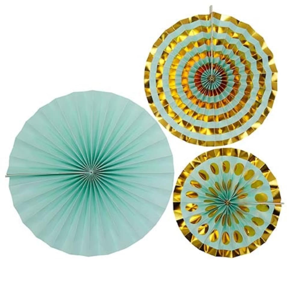 Mint & Gold Pinwheel Fan Hanging Decorations - Pack of 3