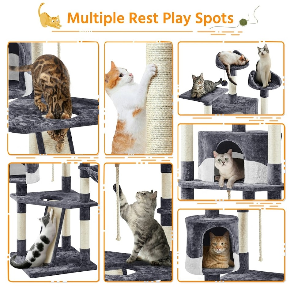 image 1 of Yaheetech 200 cm Multilevel Cat Tree with Two Condos Dark Grey
