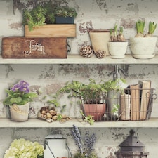 Shades Flower Pots Wallpaper Garden Rustic Shelves Distressed Green Grey White