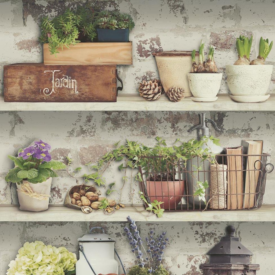 image 1 of Shades Flower Pots Wallpaper Garden Rustic Shelves Distressed Green Grey White