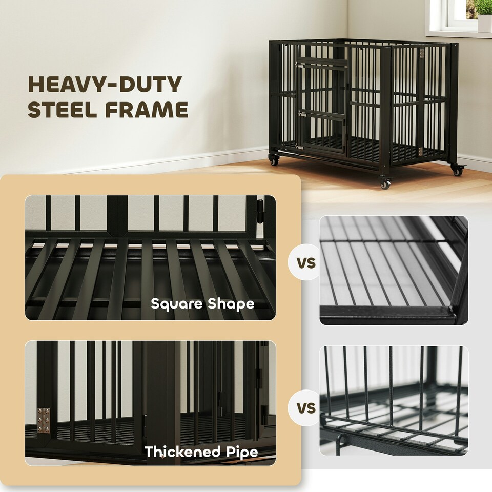 image 1 of PawHut 43" Foldable Heavy Duty Dog Crate w/ Locks, Removable Tray, Wheels