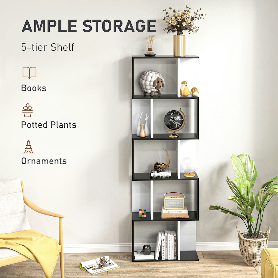 image 1 of HOMCOM 5-tier Bookcase Storage Display Shelving S Shape design Unit