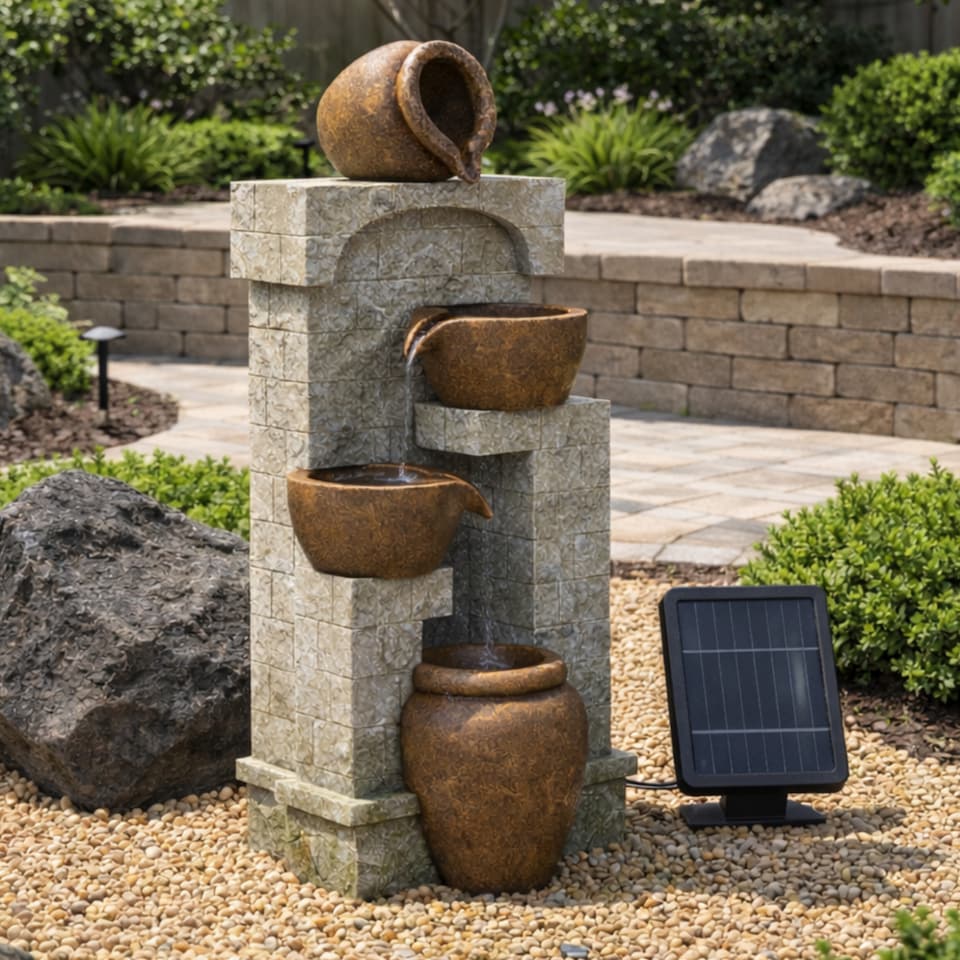 image 1 of Teamson Home Solar-Powered 4-Tier Stone-Look Water Feature Fountain with LED Lights