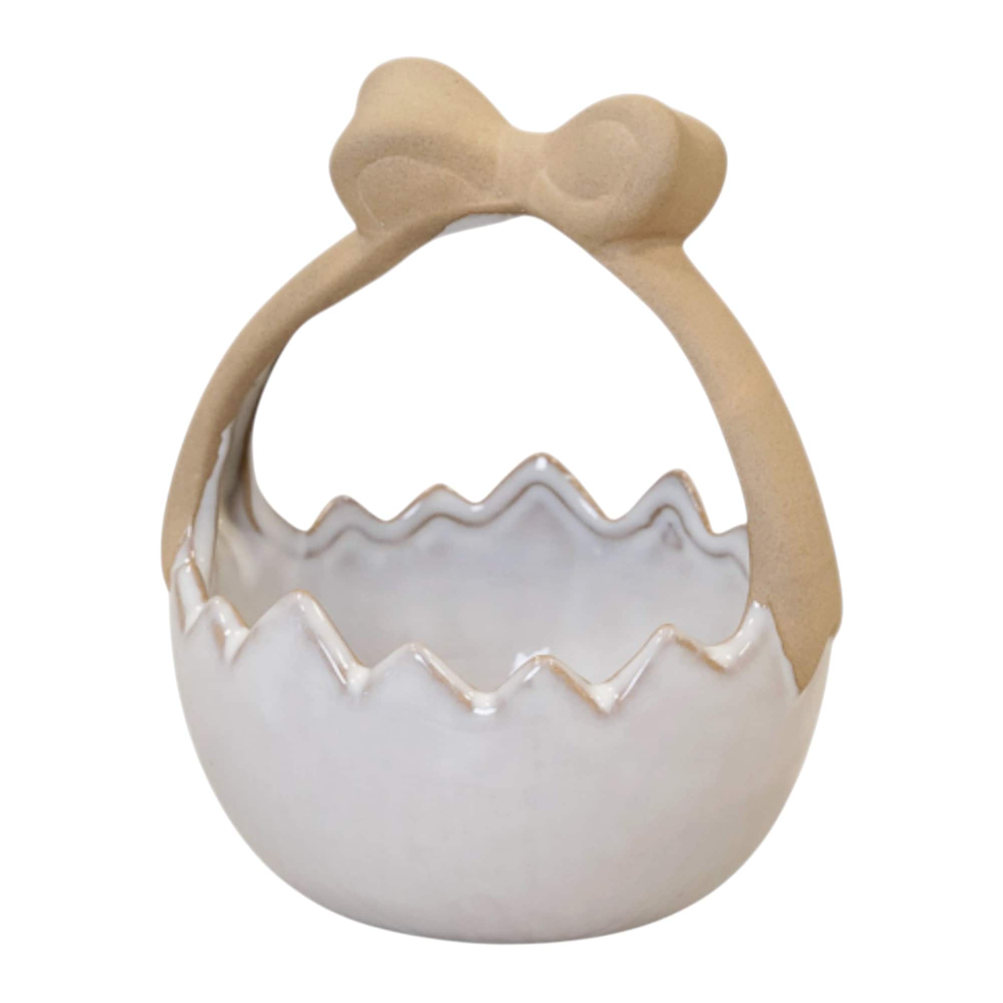 Four Candle White Ceramic Easter Egg Basket with Bow Handle 15cm