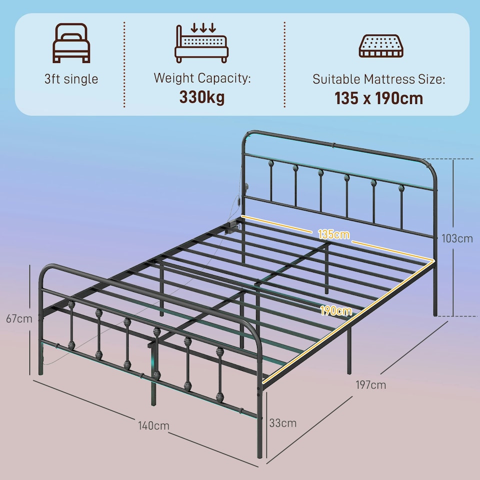 image 1 of HOMCOM Double Bed Frame with LED Lights and Charging Station, Black