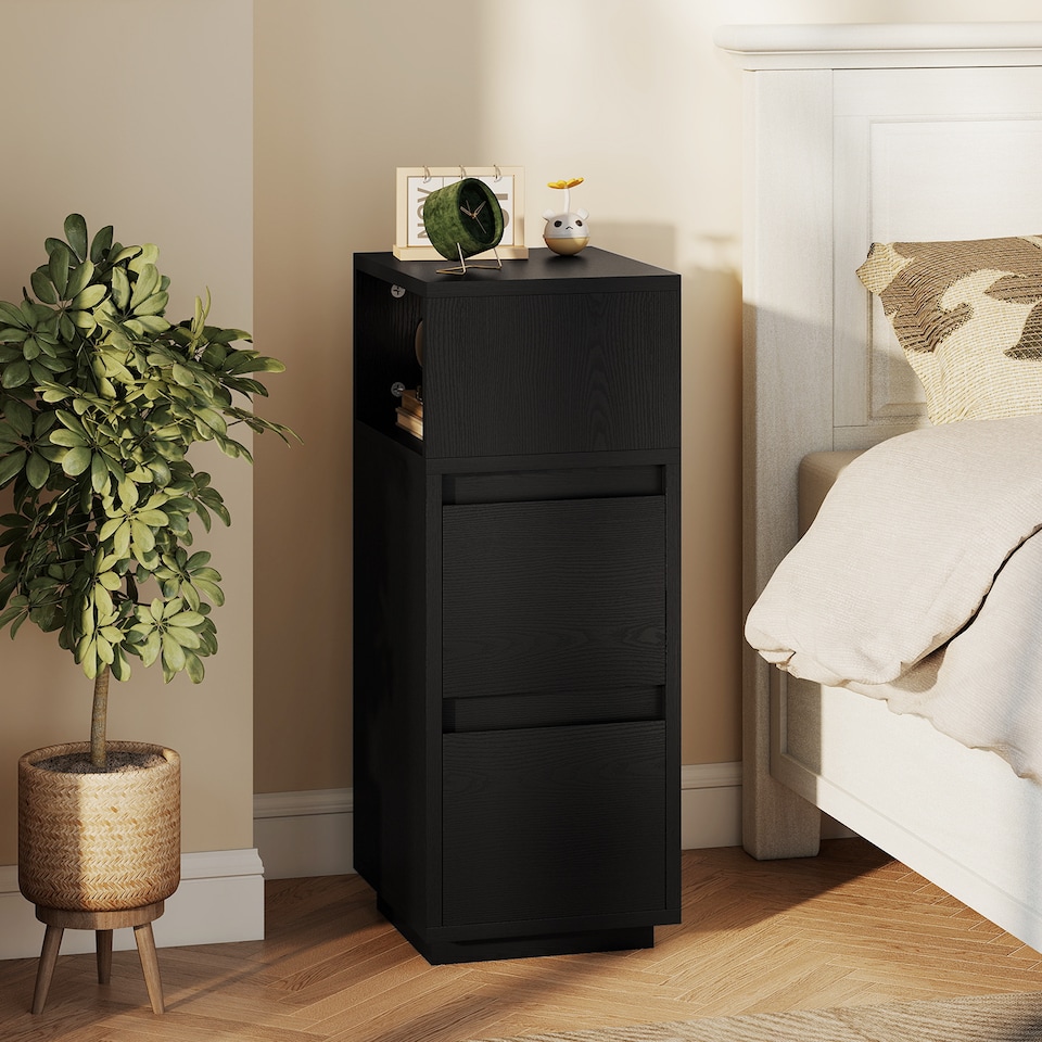 image 1 of HOMCOM Slim Bedside Table, Narrow Bedside Cabinet with Open Shelf and 2 Drawers, Modern Nightstand for Bedroom, Living Room, Black | Black | Black