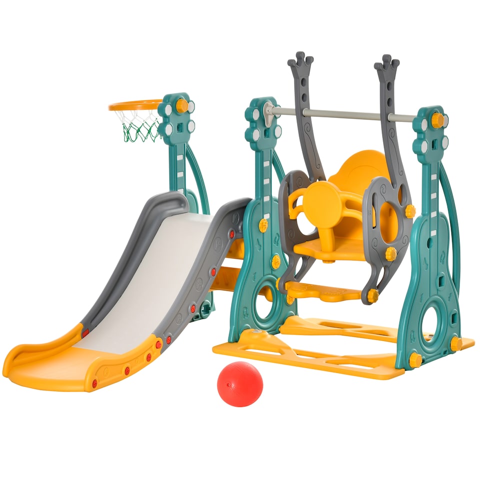 image 1 of HOMCOM 3-IN-1 Kids Swing and Slide Set with Basketball Hoop Slide Swing