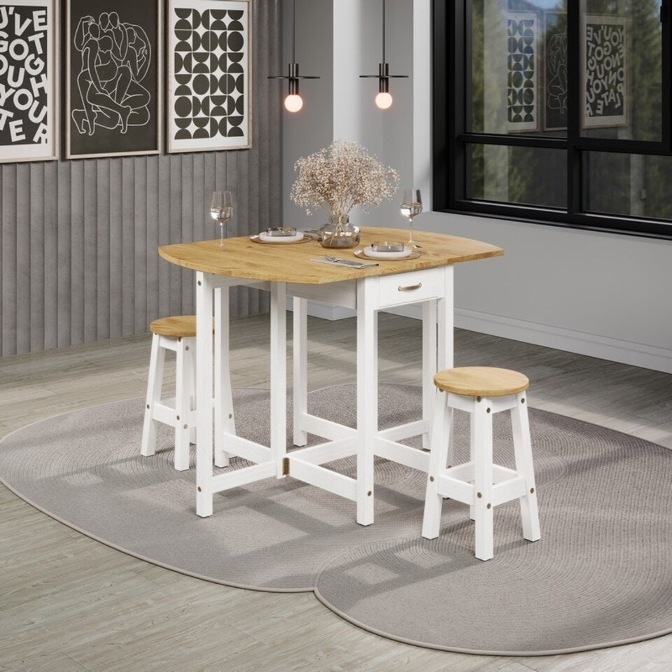 image 1 of Corona Oval Breakfast Drop Leaf Gateleg Table and 2 Stool Set - Pine - White/Antique Waxed Pine - Flat Packed White