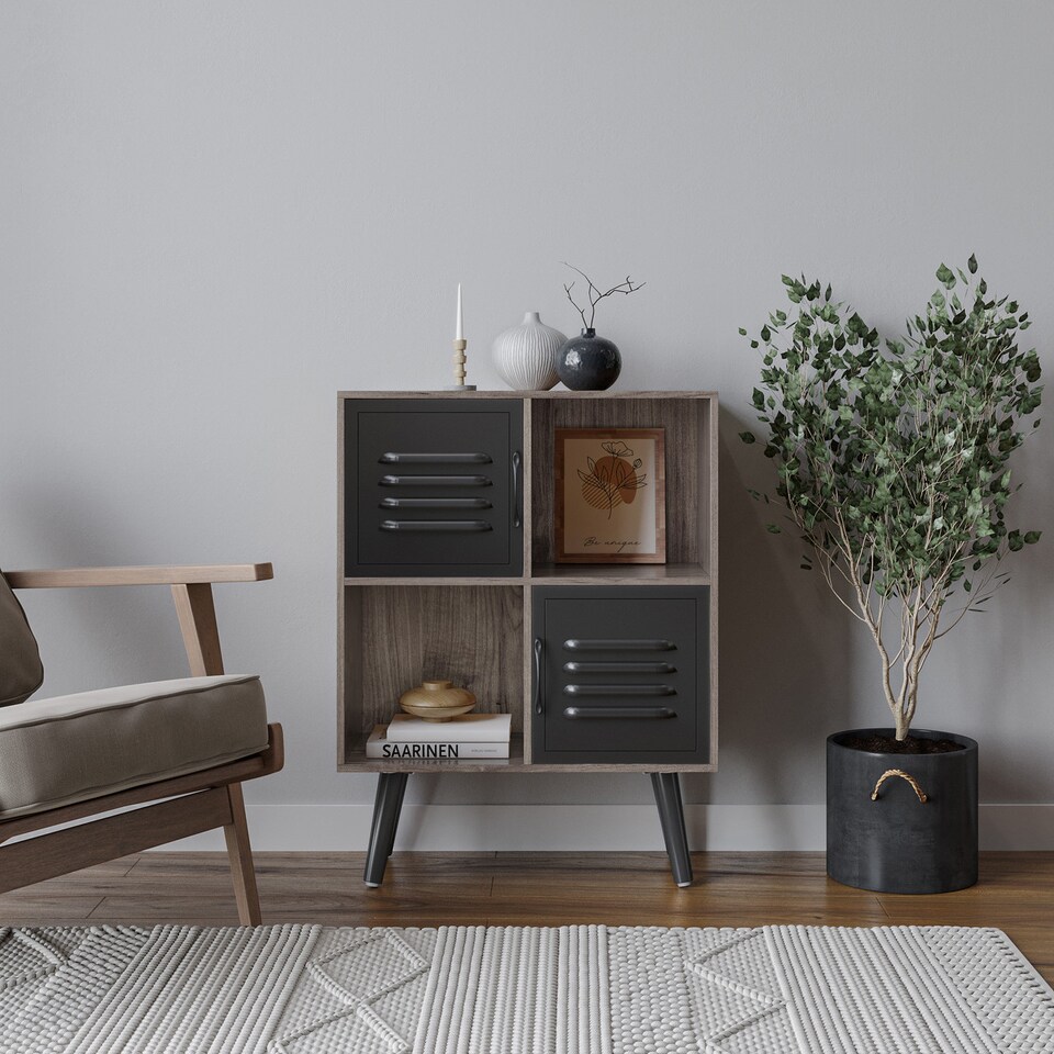 image 1 of Anthracite Oak 4-Cube Storage Unit with 2 Metal Doors and Legs | Black | Black & Black | 1