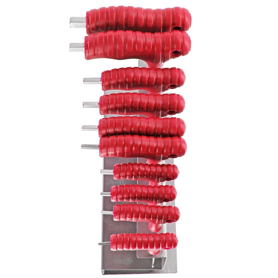 image 1 of SPARES2GO 10 Piece T Handle Imperial SAE Hex Allen Key CR-V Screwdriver Set + Stand