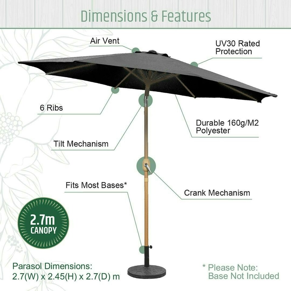 image 1 of GardenKraft 2.7M Parasol Crank & Tilt 6 Ribs With Wooden Effect - Charcoal Black