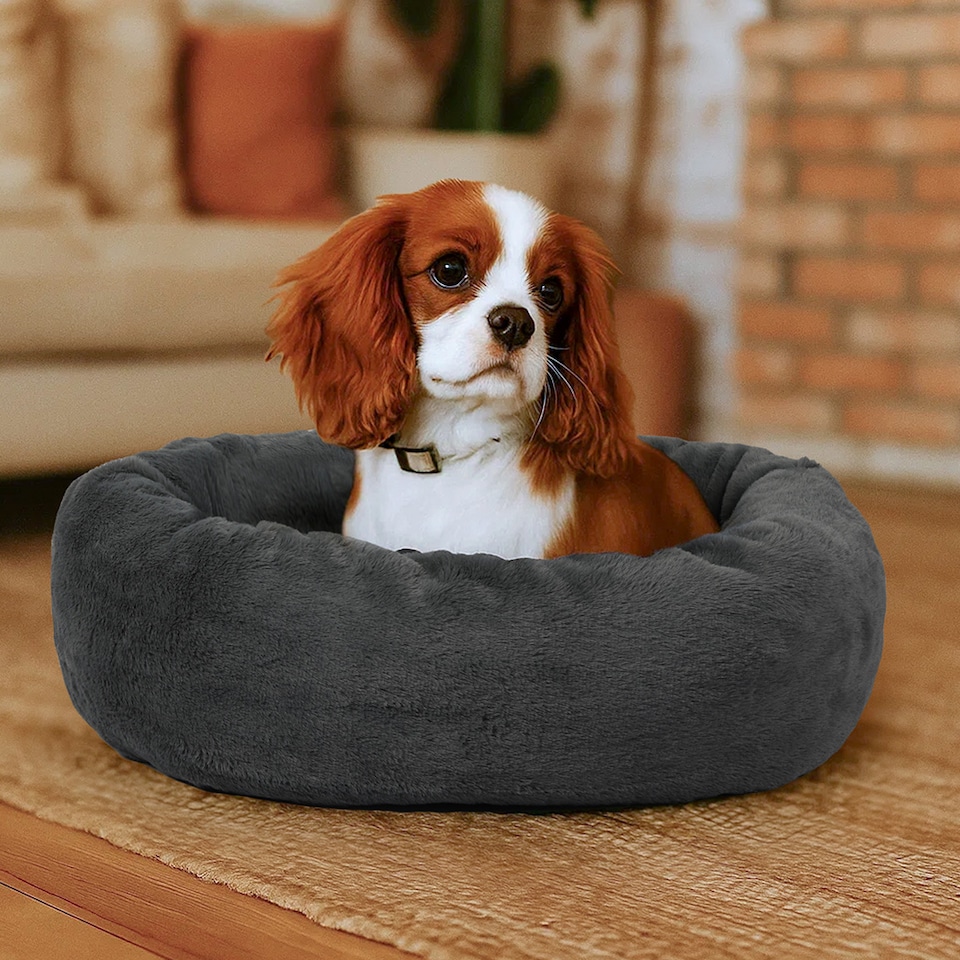 image 1 of Skylos Small Dog Bed Donut Cushion Soft Plush Calming Washable Pet Bed | Grey | 60 x 45cm | One Size