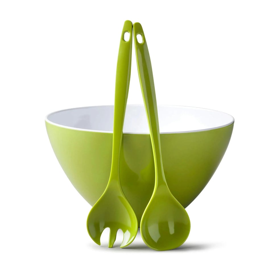 image 1 of Zeal Melamine Salad Bowl & Salad Servers Set, Duck Egg Blue Green | Lime Green
