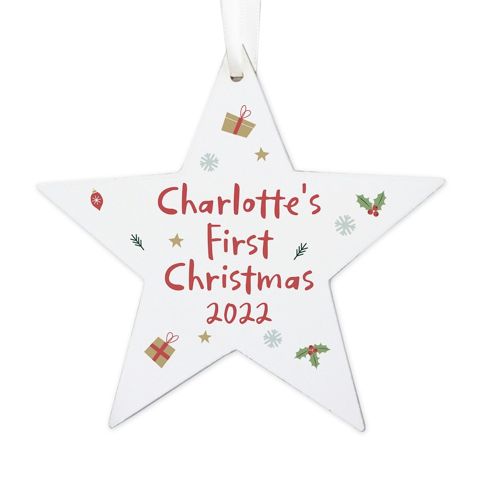 image 1 of Personalised First Christmas Wooden Star Decoration