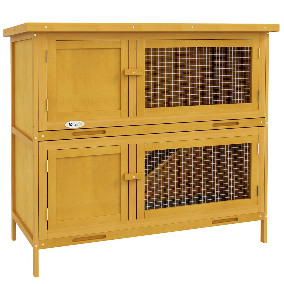image 1 of PawHut Rabbit Hutch, Double Decker Cage w/ Roof, Divider, Ramp, Yellow