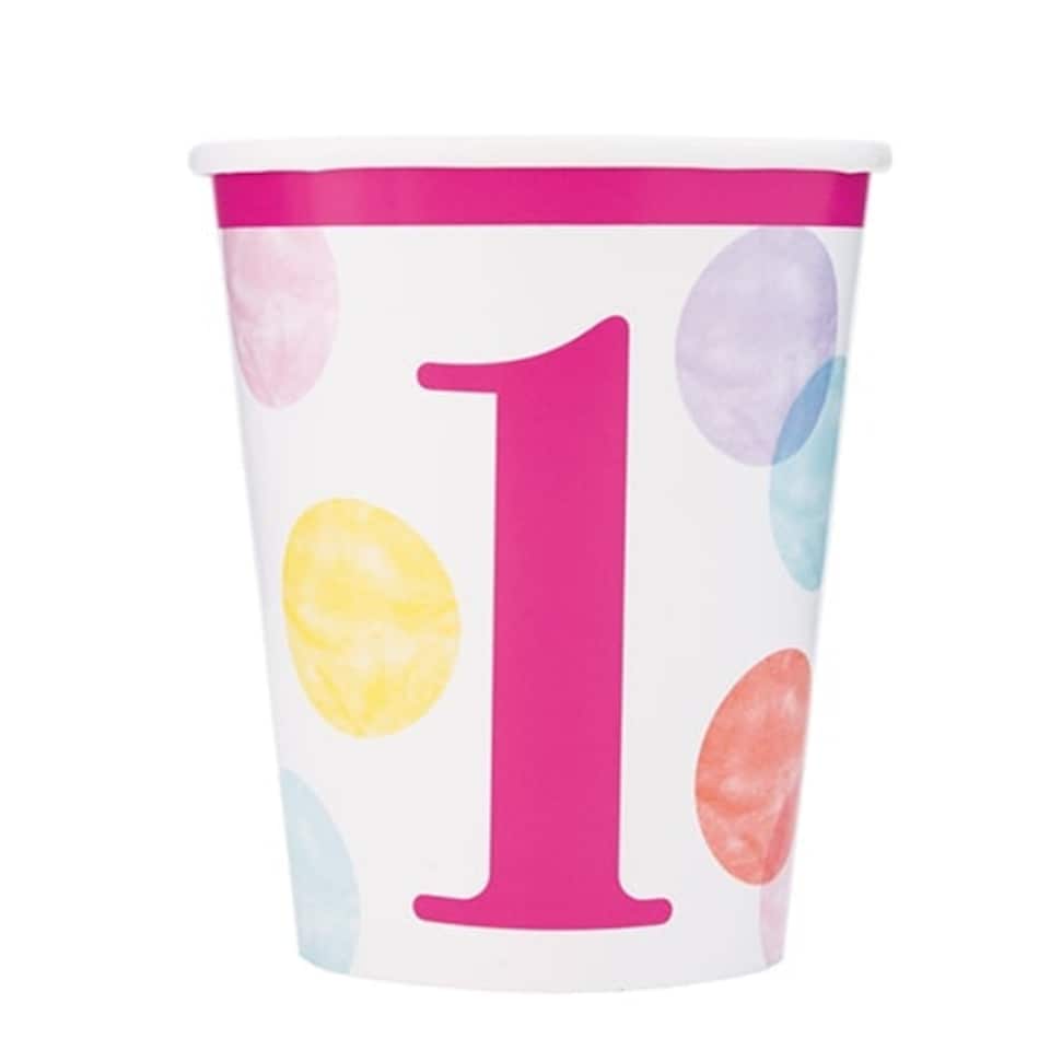 First Birthday Girl Pink Dots Paper Cups 270ml - Pack of 8