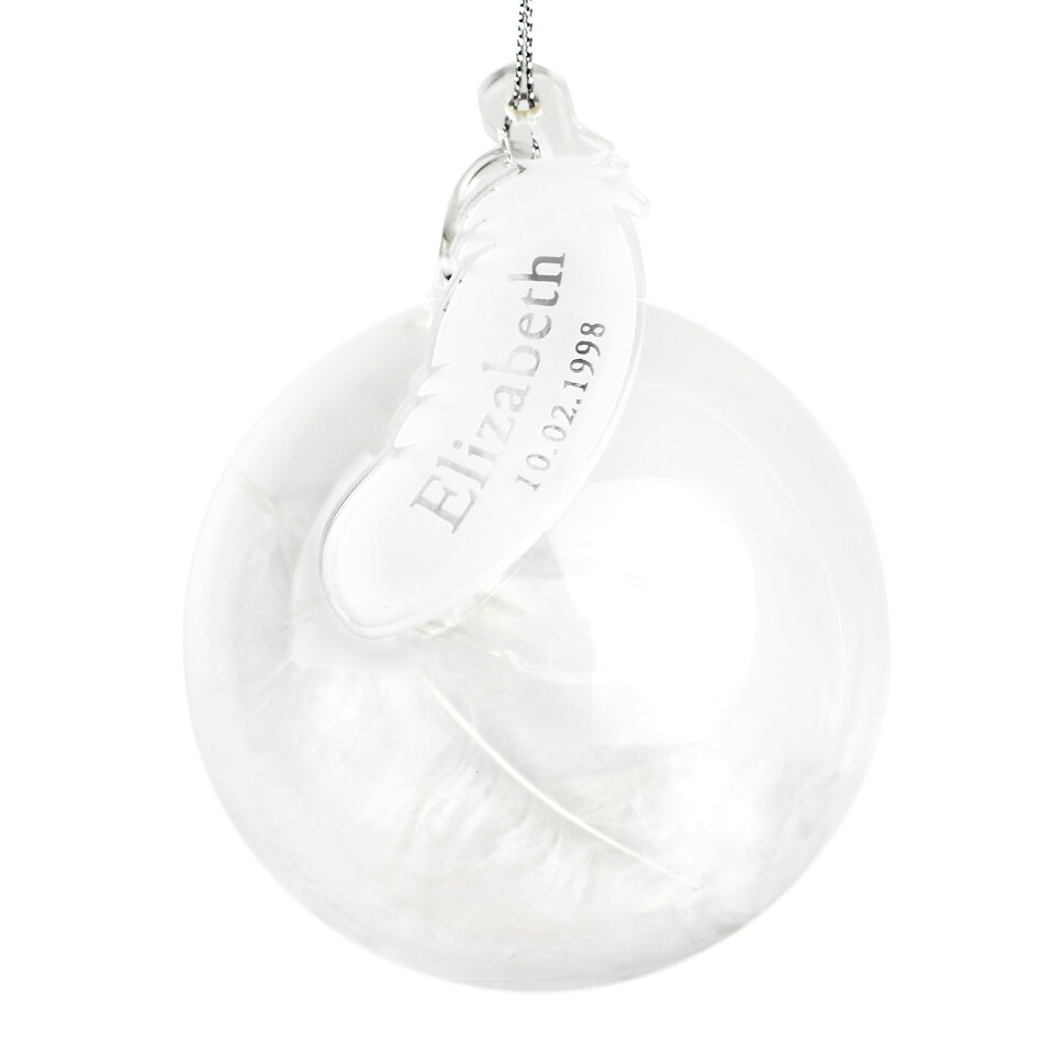 image 1 of Personalised Name & Date Feather Glass Bauble