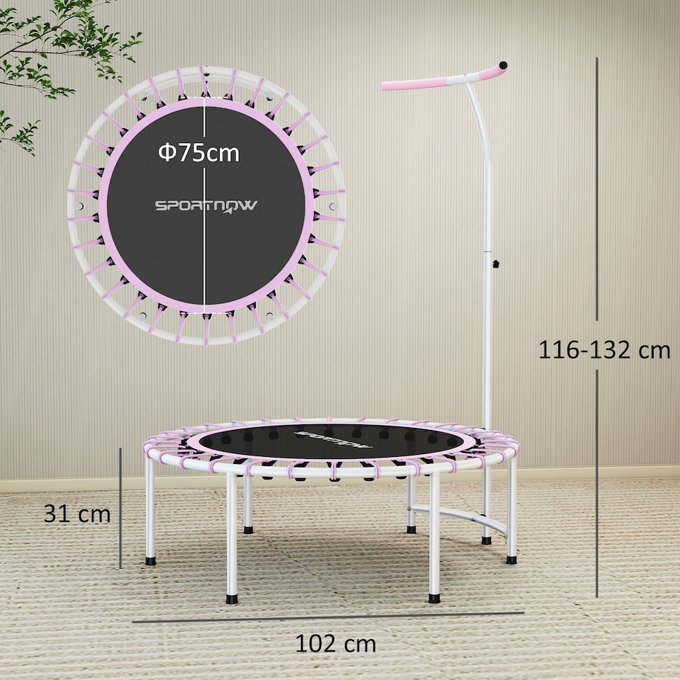 image 1 of SPORTNOW 40" Fitness Trampoline, Mini Rebounder Trampoline for Adults with 5-Level Adjustable Handle, Indoor Exercise Bungee Rebounder, Max Load 100KG, Purple | Purple