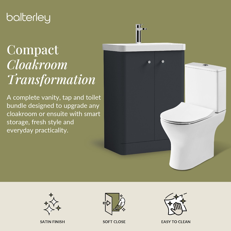 image 1 of Floor 2 Door Bathroom Vanity Unit, Tap & Toilet Pack, Dark Grey, 579mm | Grey | Satin Soft Black