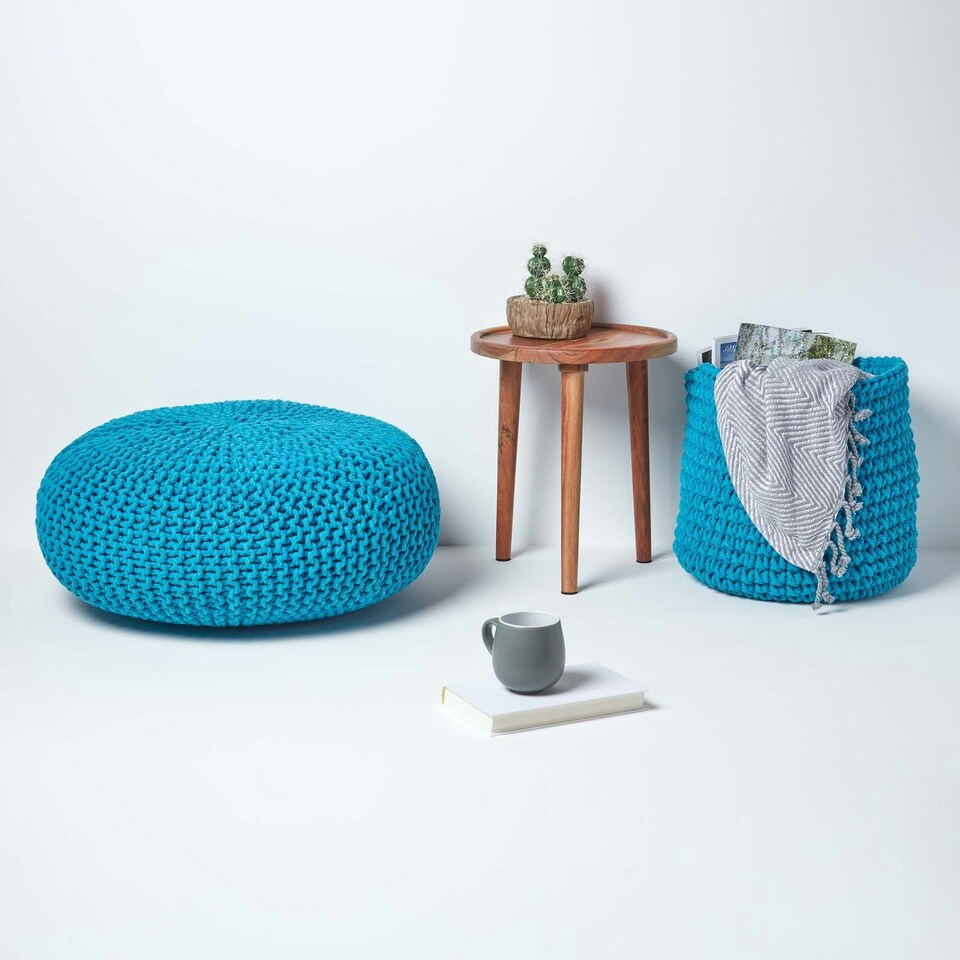image 1 of Homescapes Teal Blue Large Round Cotton Knitted Pouffe Footstool