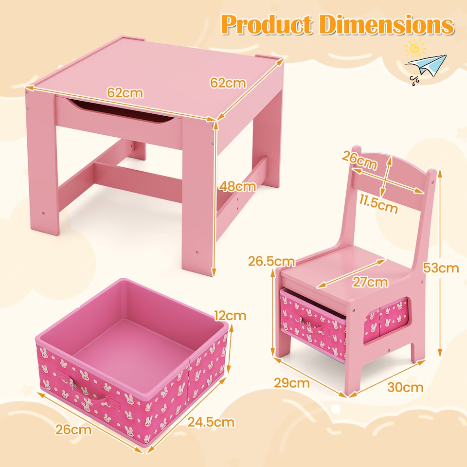 image 1 of COSTWAY Kids Detachable Table and 2 Chairs Set Pink