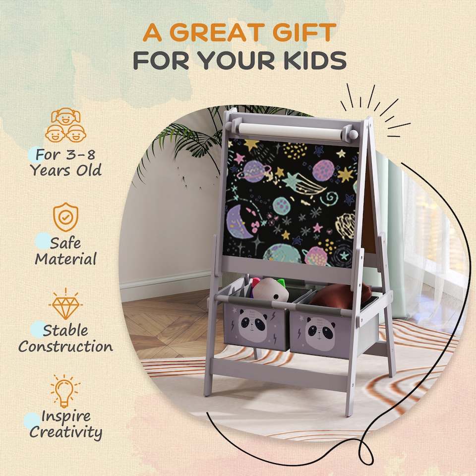 image 1 of AIYAPLAY Kids Easel with Paper Roll, Blackboard, Whiteboard, Storage, Grey
