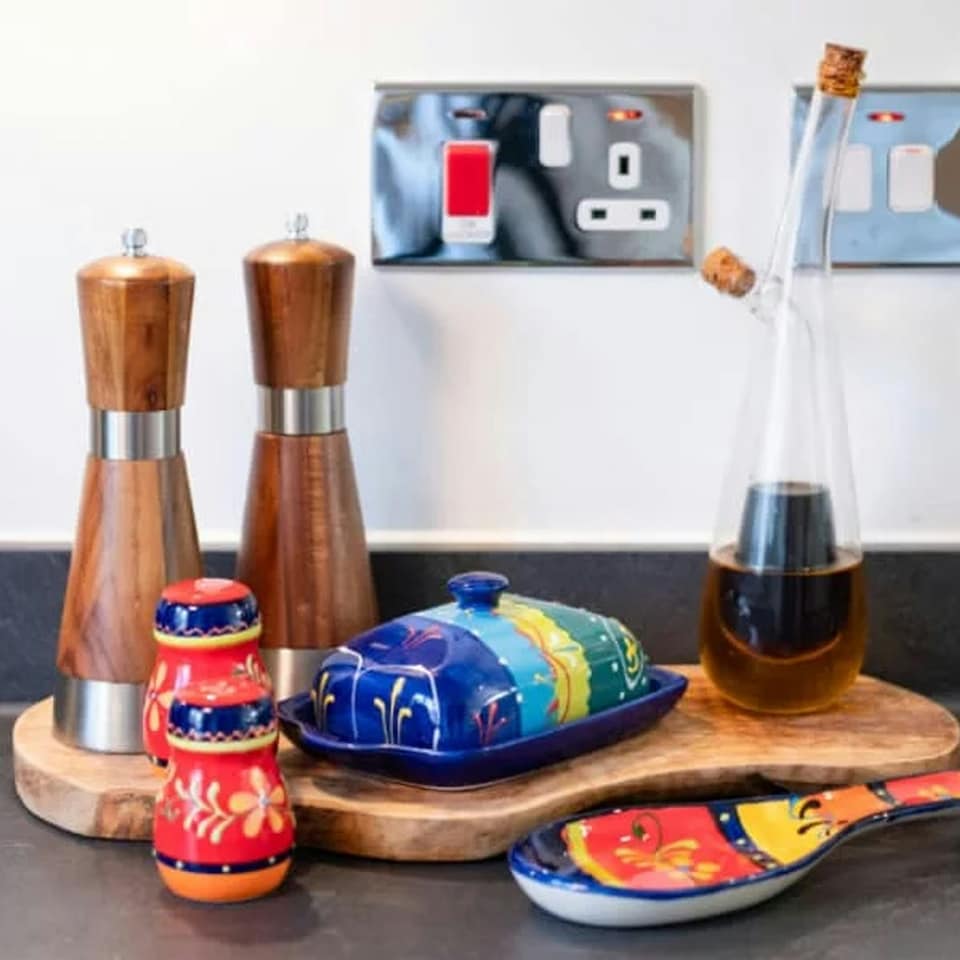 image 1 of Verano Spanish Ceramics Classic Spanish Butter Dish - 19cm L x 12cm W (internal 4cm H) Orange/Green | Multi | Orange/Green