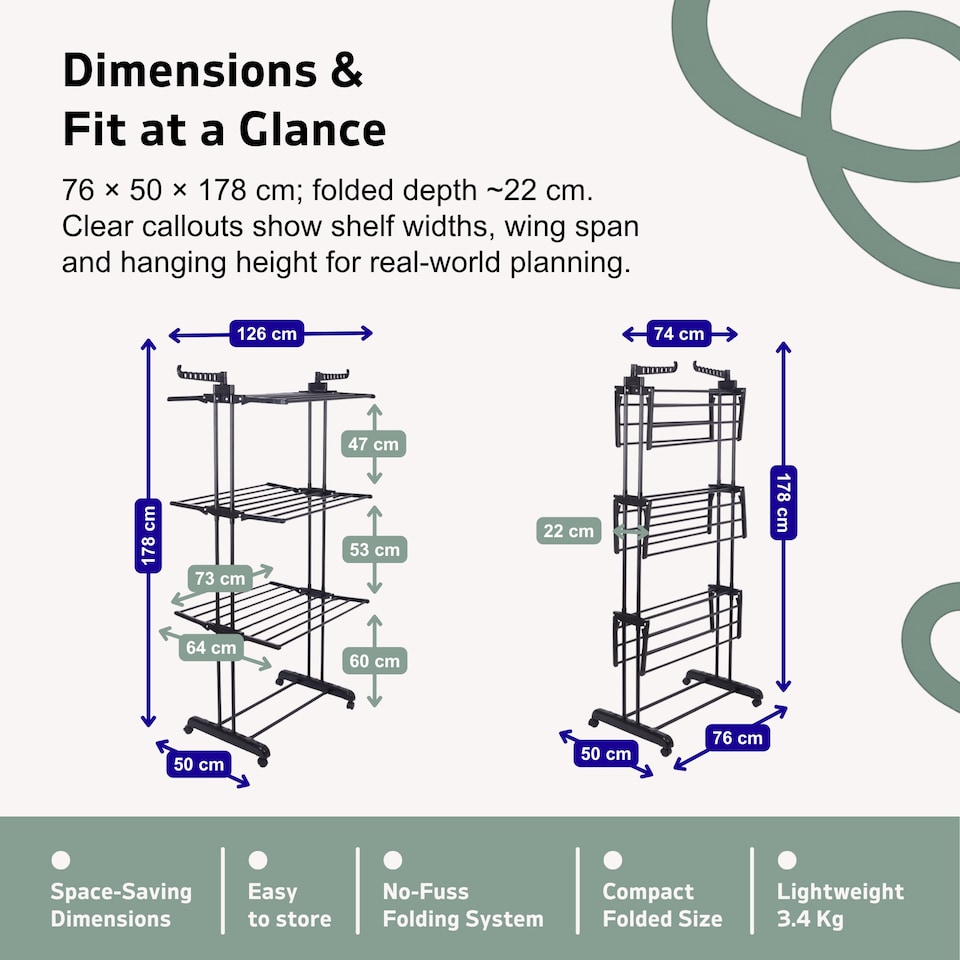 image 1 of Straame 4-Tier Winged Clothes Airer – Foldable Clothes Drying Rack with Wheels for Indoor/Outdoor Use, Heavy-Duty Laundry Airer, Dryer rack, 76×50×172 cm (Black)