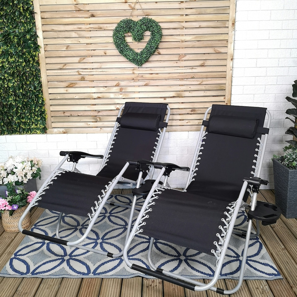 image 1 of Set of 2 Multi Position Garden Zero Gravity Relaxer Chair Sun Lounger in Black & Silver