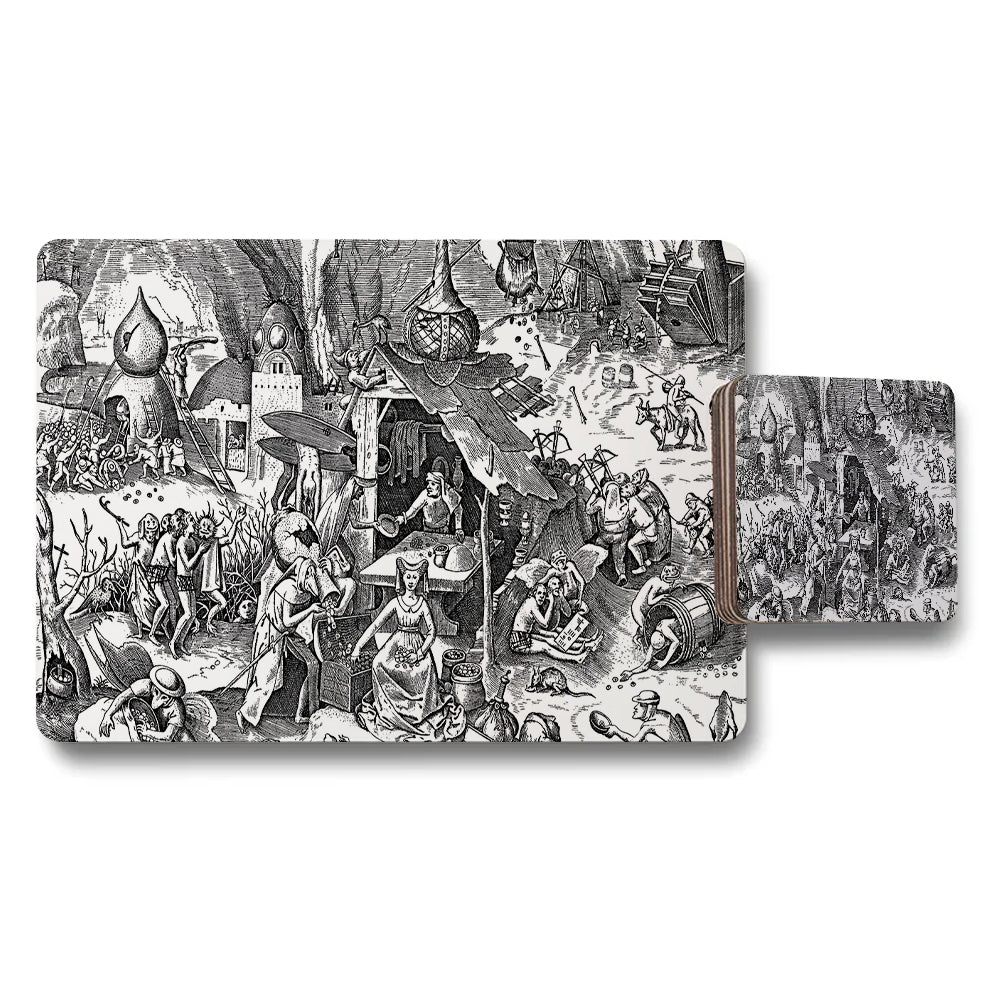 Intricate Black And White Placemats And Coasters Set With Vintage Illustration