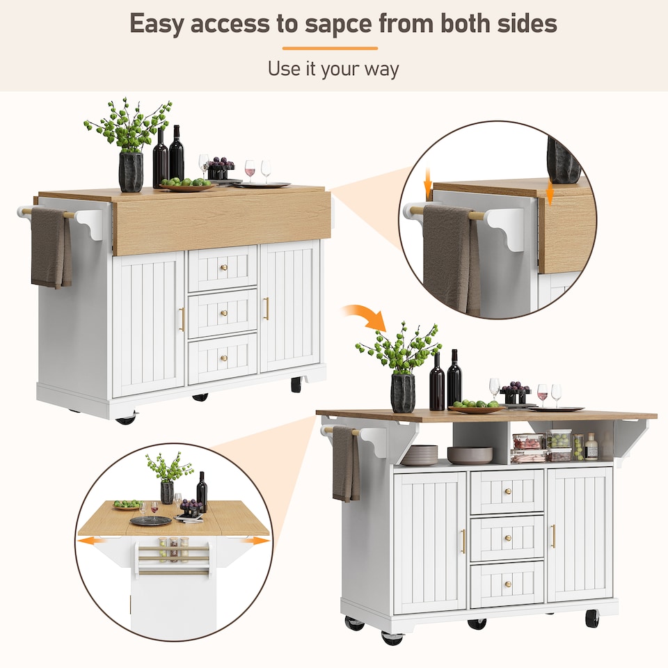 image 1 of VILUXE Kitchen island, cabinet, sideboard 120 x 40 (80) x 95 cm, extendable kitchen trolley with casters, extendable on both sides, with towel rail and spice rack, two doors, three drawers, black/white