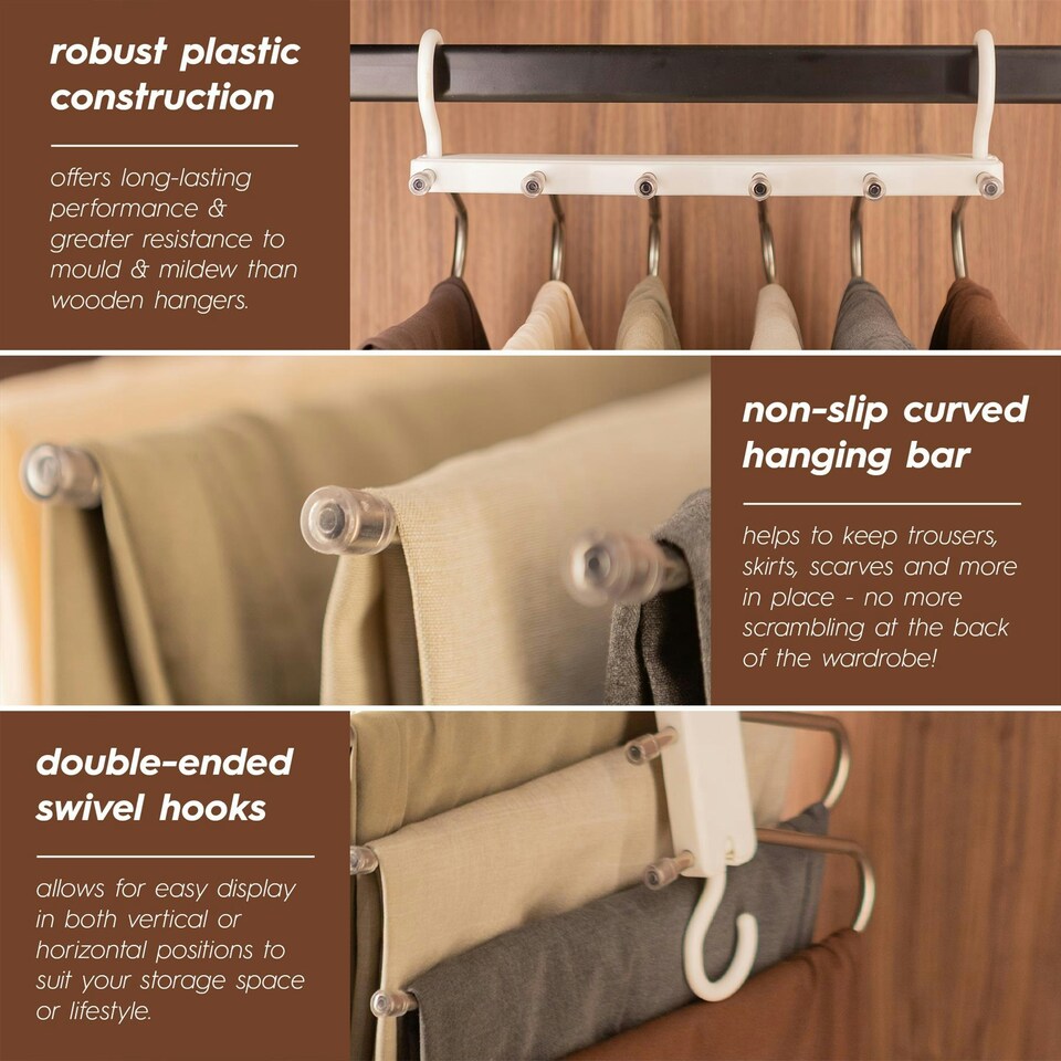 image 1 of Harbour Housewares Space-Saving Trouser Hanger - 6-in-1 - Pack of 10 - Skirt Hanger Dress Hanger Clothes Hanger Shorts Hanger Plastic Hanger
