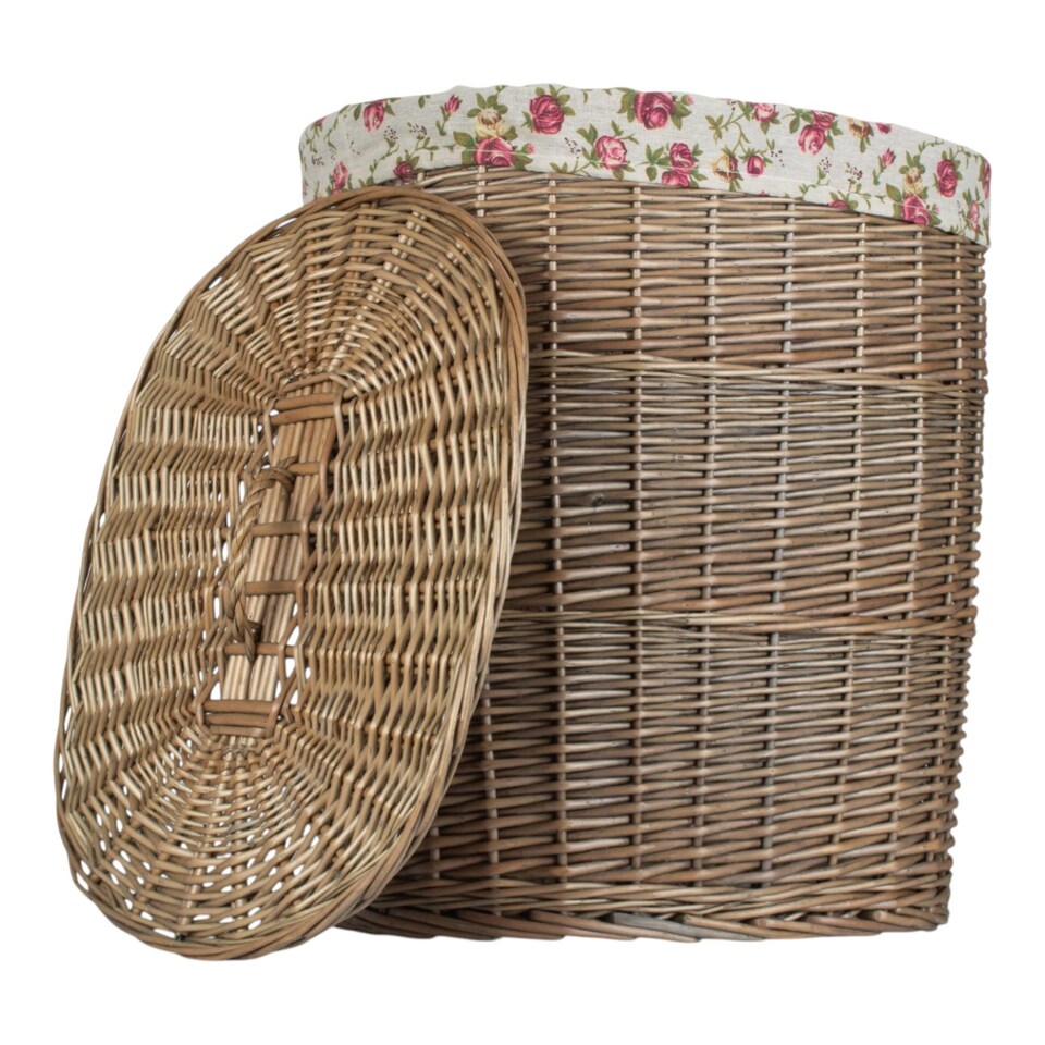 image 1 of Antique Wash Garden Rose Cotton Lined Oval Willow Laundry Basket
