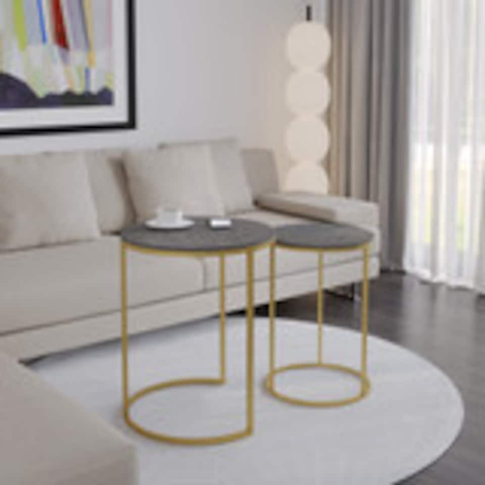 image 1 of 2Pc Round Nesting Stackable Sofa Side Bedside End Table Set Wood Top Metal Legs | Multi | Black Marble Top with Gold Legs