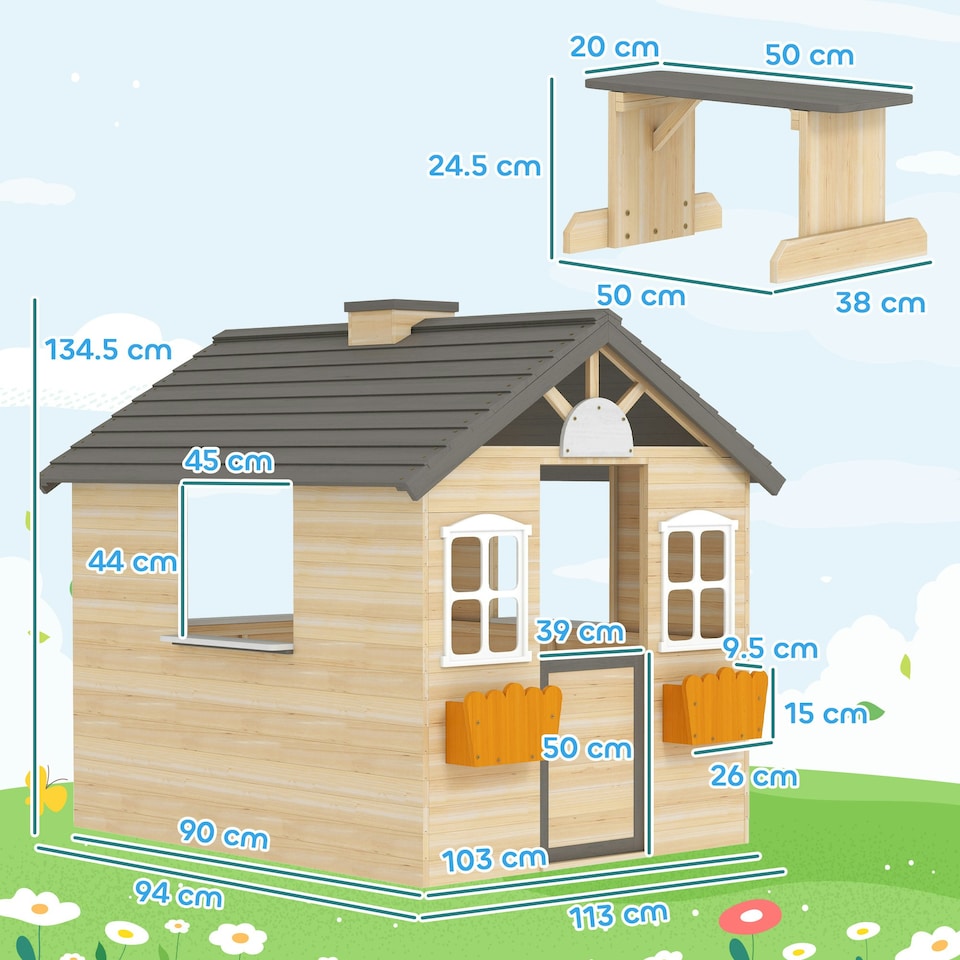 image 1 of Outsunny Wooden Kids Playhouse w/ Door, Windows, Bench, For Ages 3-7 Years