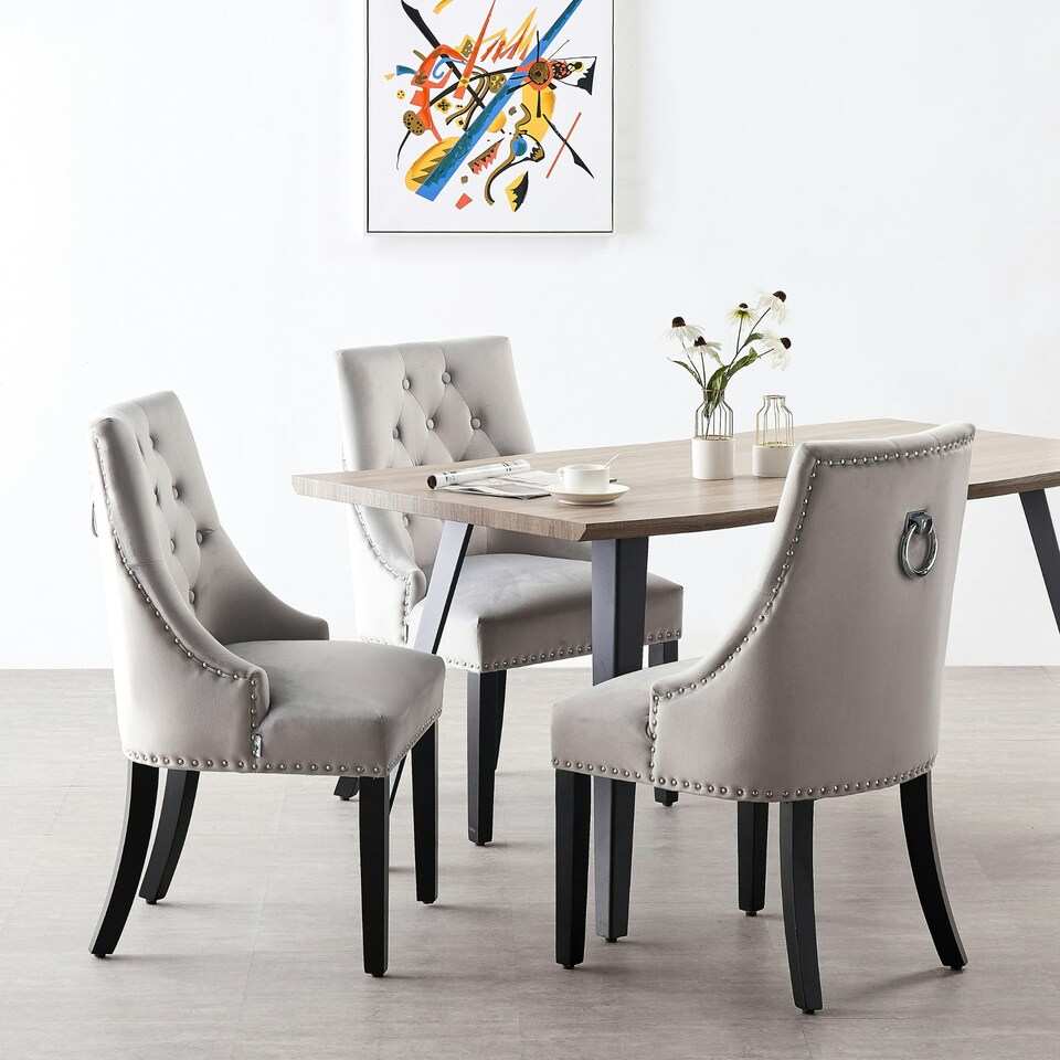 image 1 of Set of 6 Velvet Dining Chairs Ergonomic Scoop Knockerback & Button Tufted Wood Legs Grey | Light Grey
