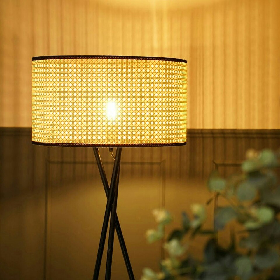 image 1 of ValueLights Camden Black Tripod Floor Lamp and Natural Cane Shade Cream