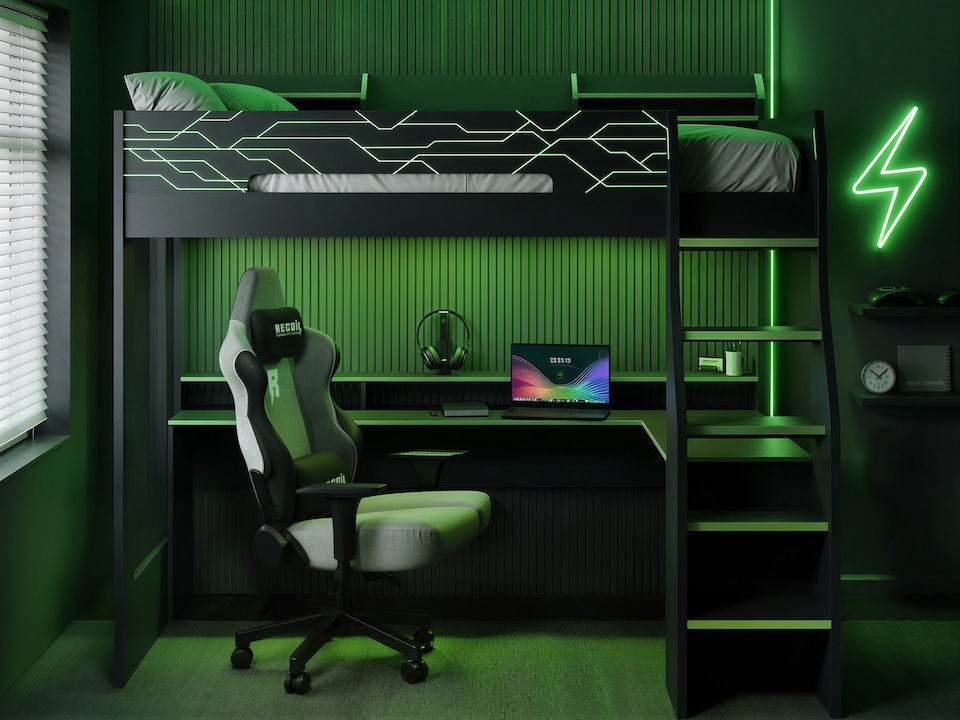 image 1 of Recoil Ultimate Vivid Gaming High Sleeper with Desk Charcoal & Green Small Double
