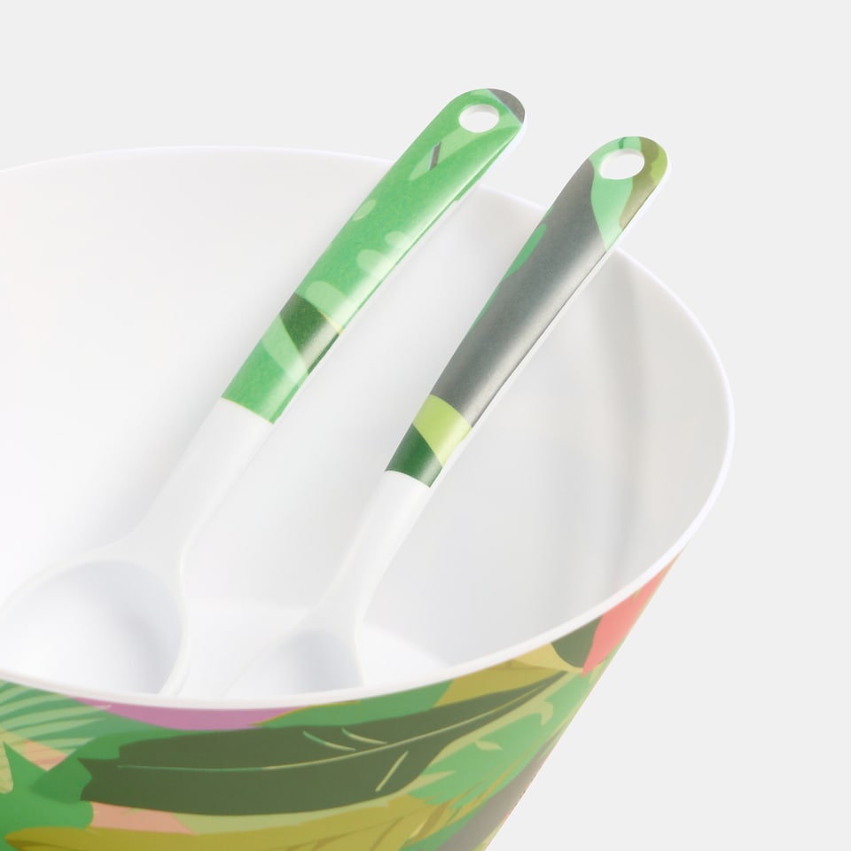 image 1 of OHS Summer Print Plastic Picnic Salad Bowl Utensil Set Lightweight | Green | Colourful Palm