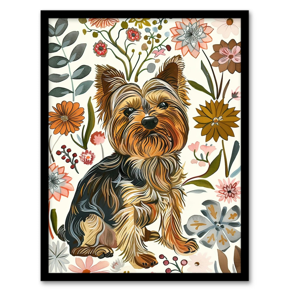 image 1 of Yorkshire Terrier Dog Lover Boho Floral Pattern Black Framed Wall Art Print A4