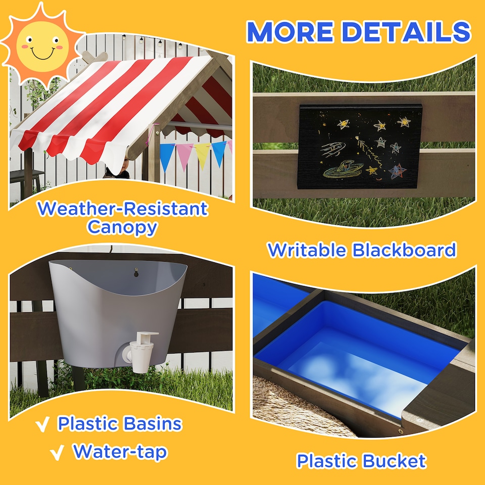 image 1 of Outsunny Sand Pit with Canopy, Blackboard, Toys, Sink, Seats, Flags for Kids