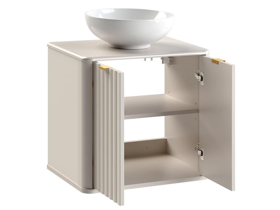 image 1 of Beige Bathroom Vanity Sink Unit Wall Hung Ribbed Cabinet 600mm Countertop with Basin Oren