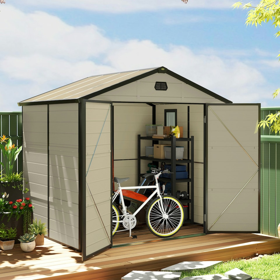 image 1 of Outsunny 8x6ft Garden Shed w/ Foundation Kit and Vents, Cream White Cream