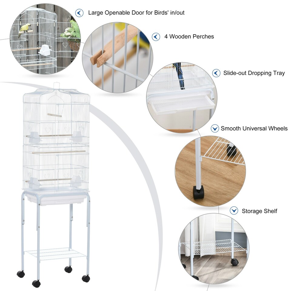 image 1 of PawHut Bird Cage for Budgie Finch Canary Parakeet W/ Stand Sliding Tray White