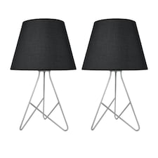 Set of 2 Tripod - Silver 42cm Table Lamps With Black Fabric Shades Silver | Black