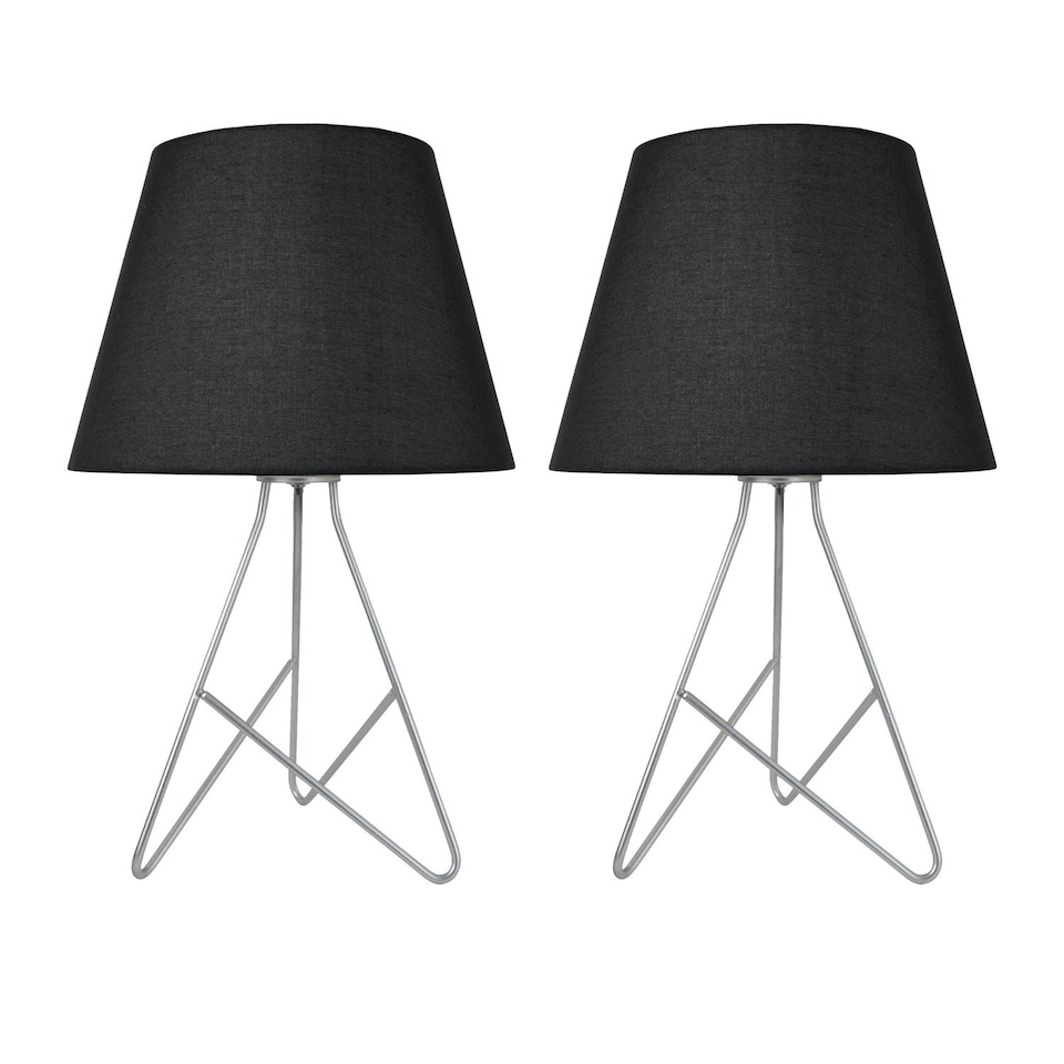 image 1 of Set of 2 Tripod - Silver 42cm Table Lamps With Black Fabric Shades Silver | Black