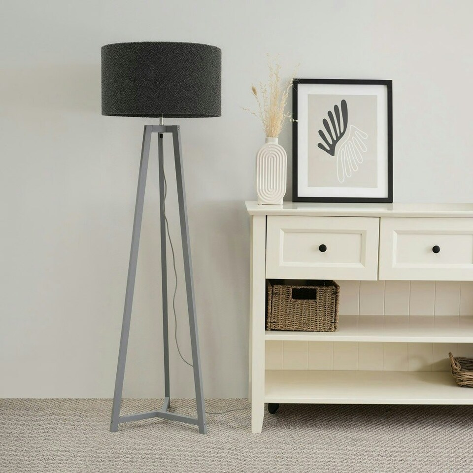 image 1 of ValueLights Lottie Grey Wood Tripod Floor Lamp with Charcoal Boucle Drum Shade